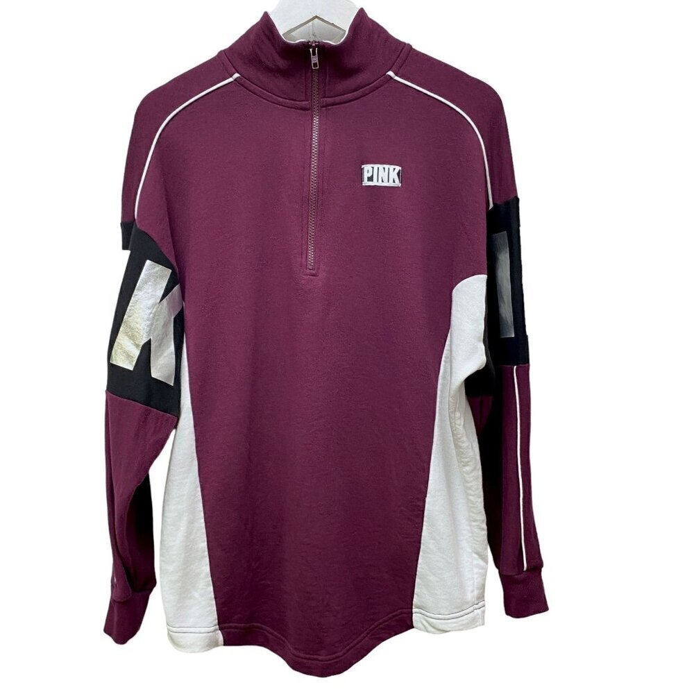 PINK by Victoria's Secret Pullover Size Small Burgundy 1/4 Zip French Terry Logo